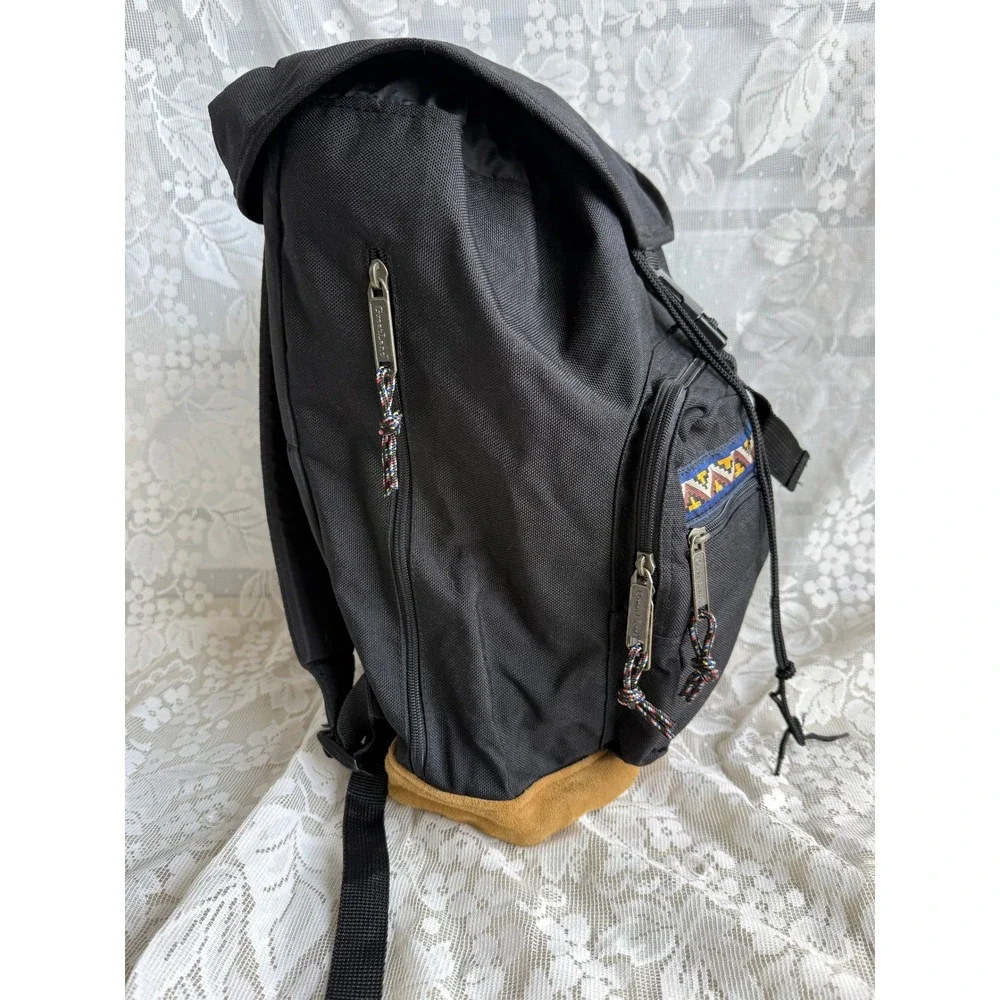 Vintage 90s Greatland Nylon Backpack Black Tan Suede Bottom Tribal Aztec Grunge